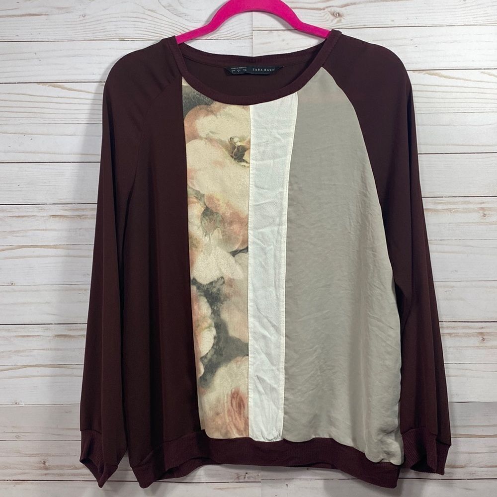 Zara Basic  Maroon Colorblock Long Sleeve Top